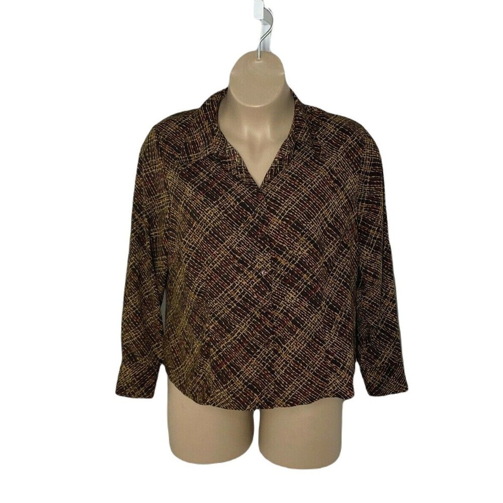 Preston & York Button Up Collared Shirt ~ Sz 18W  ~ Brown & Orange ~ Long Sleeve